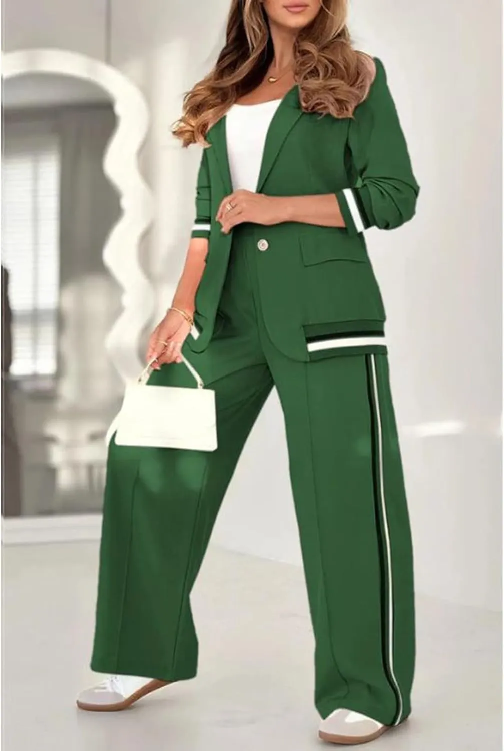 Women's Two Piece Sets Pants Suits 2 Piece Blazer Set Business Casual Blazer Jackets and Dressy Wide Leg Pant Suit Set