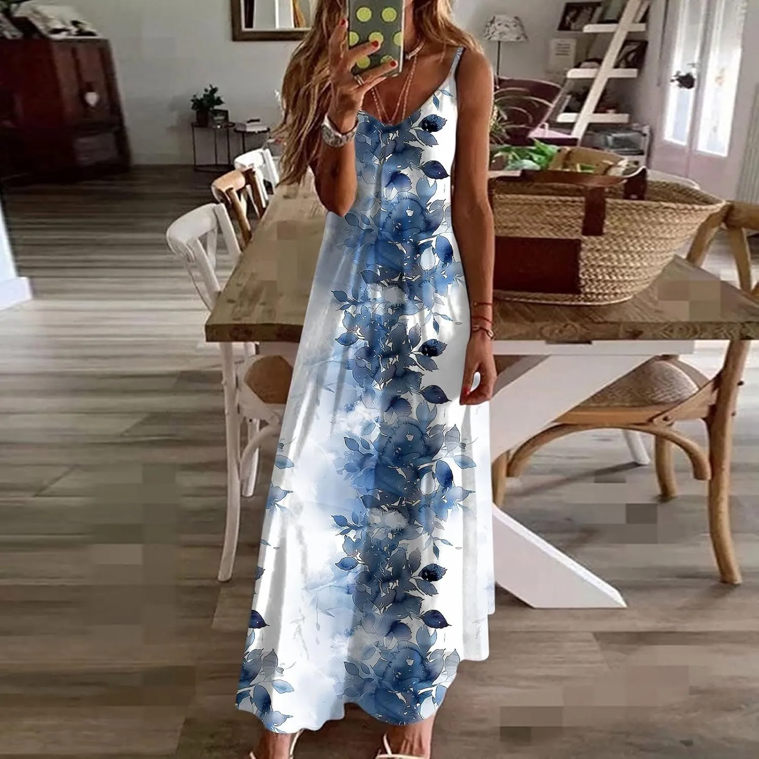 Womens V Neck Adjustable Spaghetti Strap Sundress 2025 Vintage Printed Maxi Cami Dress Summer Beach Outfits