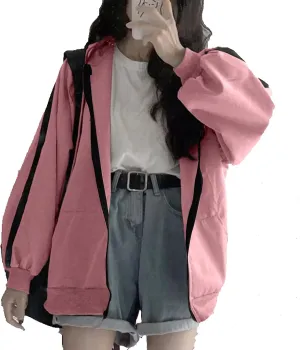 Womens Zip Up Hoodie Oversized Plus Size Cute Grunge Aesthetic Y2K Hoodie for Teen Girls Vintage Baggy Sweatshirt