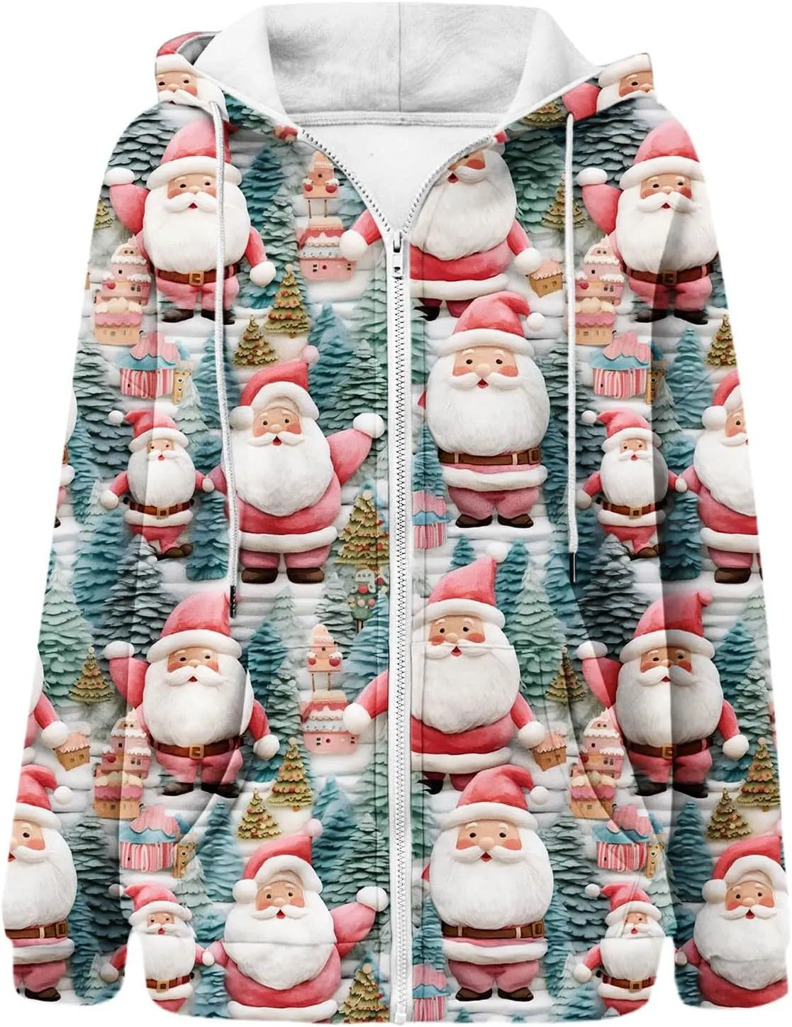 Women's Zip Up Hoodies Oversized Novelty Print Long Sleeve Crewneck Jacket Xmas Pullover with Pockets