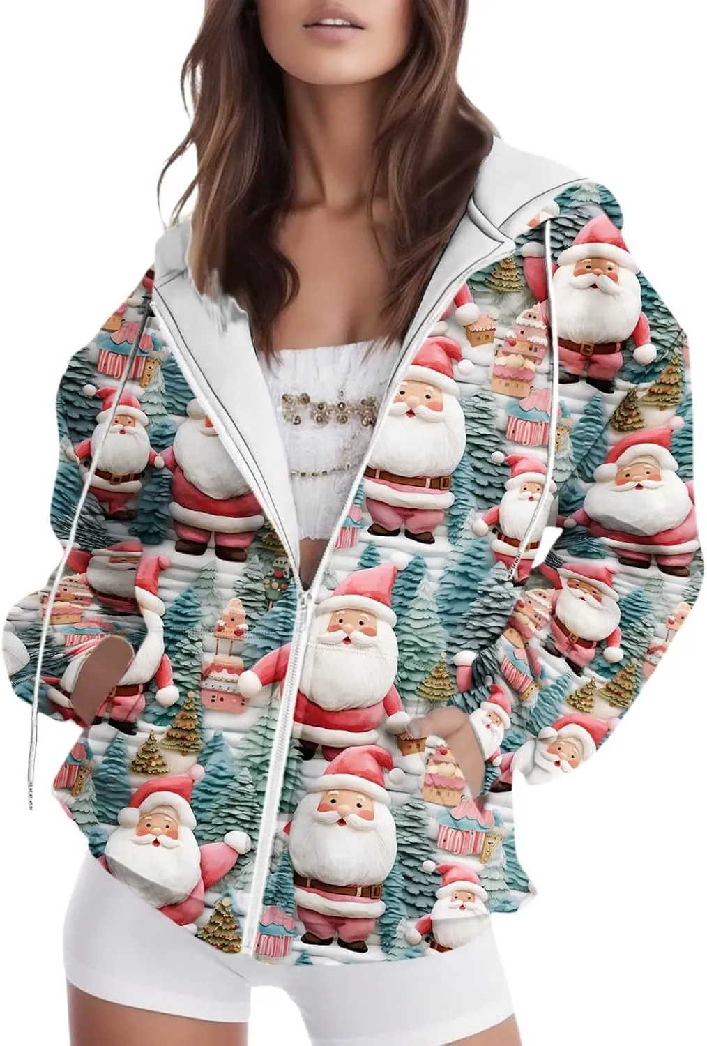Women's Zip Up Hoodies Oversized Novelty Print Long Sleeve Crewneck Jacket Xmas Pullover with Pockets