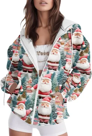 Women's Zip Up Hoodies Oversized Novelty Print Long Sleeve Crewneck Jacket Xmas Pullover with Pockets