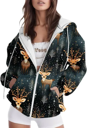 Women's Zip Up Hoodies Oversized Novelty Print Long Sleeve Crewneck Jacket Xmas Pullover with Pockets