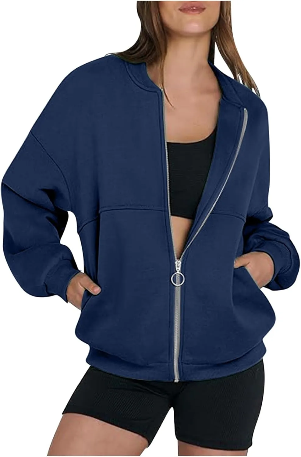 Women's Zip Up Oversized Hoodies Fall Long Sleeve Crewneck Sweatshirts Fleece Lined Loose Pullover Tops Jackets 2024