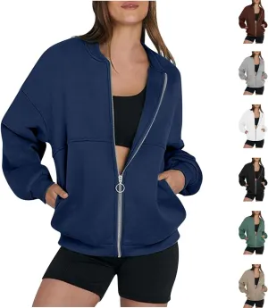 Women's Zip Up Oversized Hoodies Fall Long Sleeve Crewneck Sweatshirts Fleece Lined Loose Pullover Tops Jackets 2024