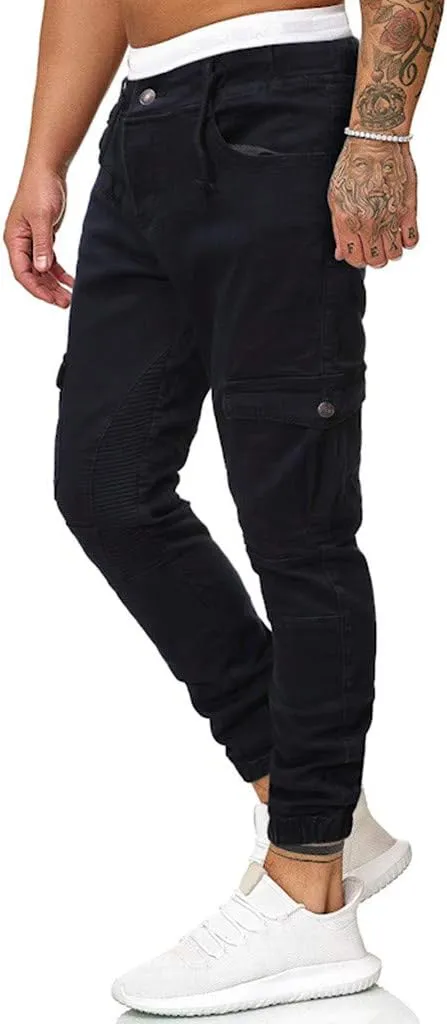 WUAI-Men Skinny Jeans Stretch Washed Slim Fit Stretch Biker Jeans Denim Pants with Big Pockets