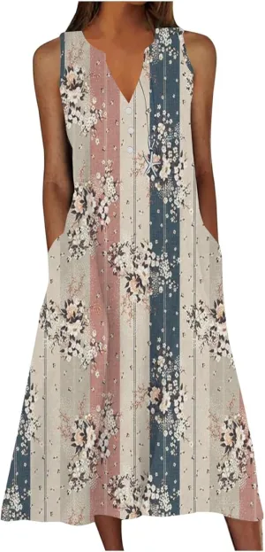XOWRTE Summer Dresses for Women 2025 Vacation Spring Casual Midi Dresses Beach Trendy Sundresses Plus Size V Neck