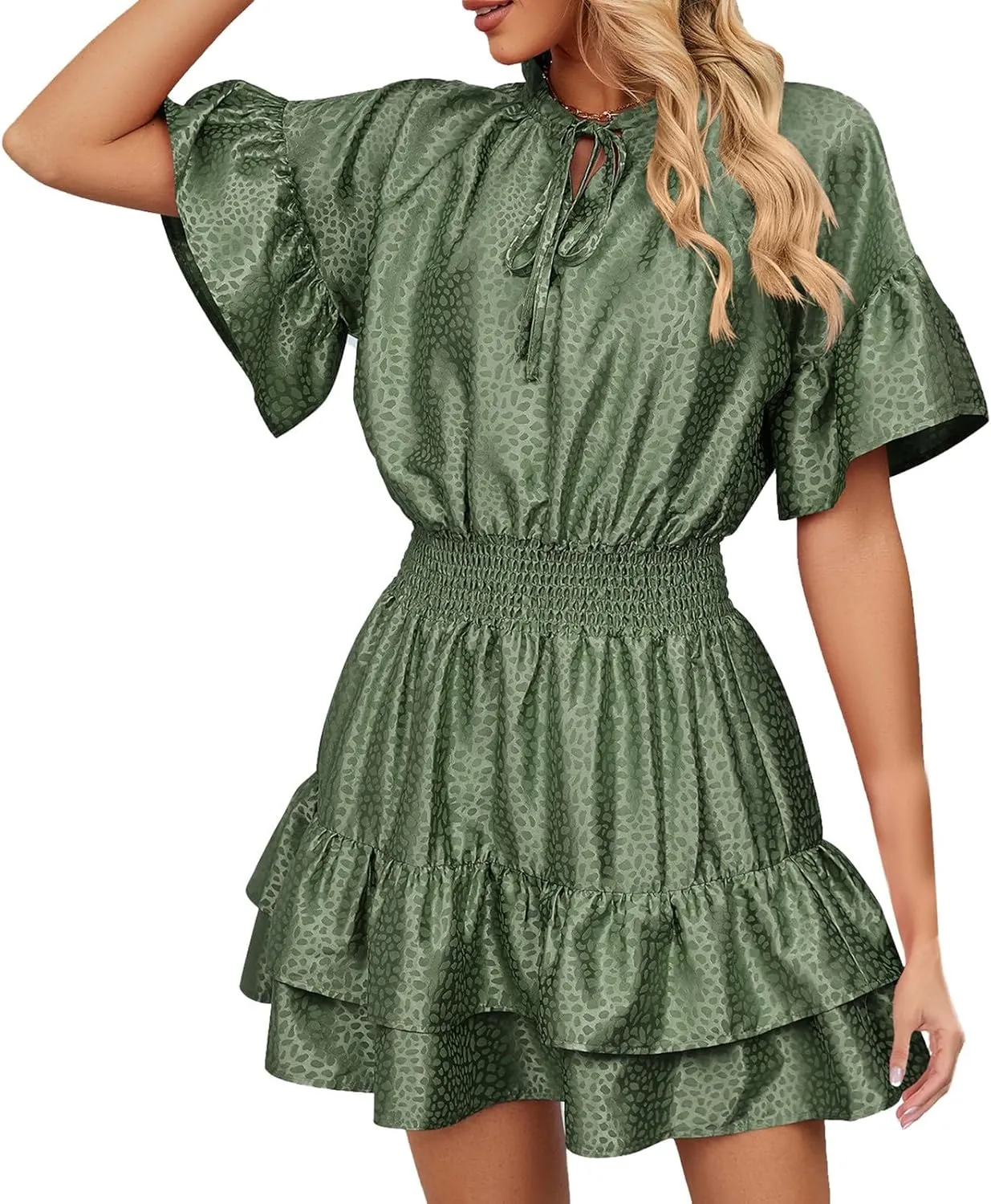 XOWRTE Womens Lace-up V Neck Casual Tiered A-Line Dresses Summer High Waist Ruffle Pleated Cute Mini Short Dress Babydoll