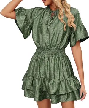 XOWRTE Womens Lace-up V Neck Casual Tiered A-Line Dresses Summer High Waist Ruffle Pleated Cute Mini Short Dress Babydoll