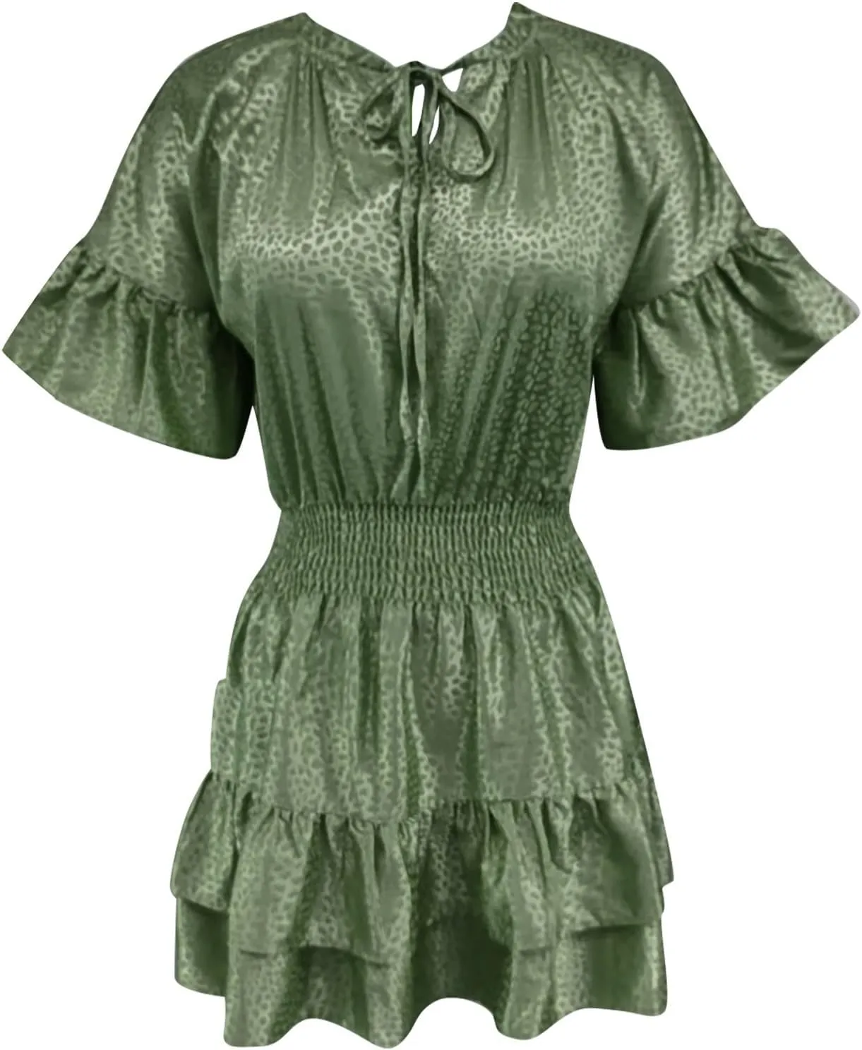 XOWRTE Womens Lace-up V Neck Casual Tiered A-Line Dresses Summer High Waist Ruffle Pleated Cute Mini Short Dress Babydoll