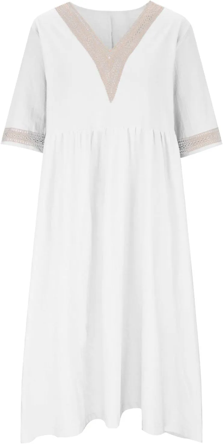 XUNRYAN 2025 Dresses Women Summer Casual Button Flowy Pleated Short Sleeve V-Neck Knee Length Midi Dress Beach Sundress