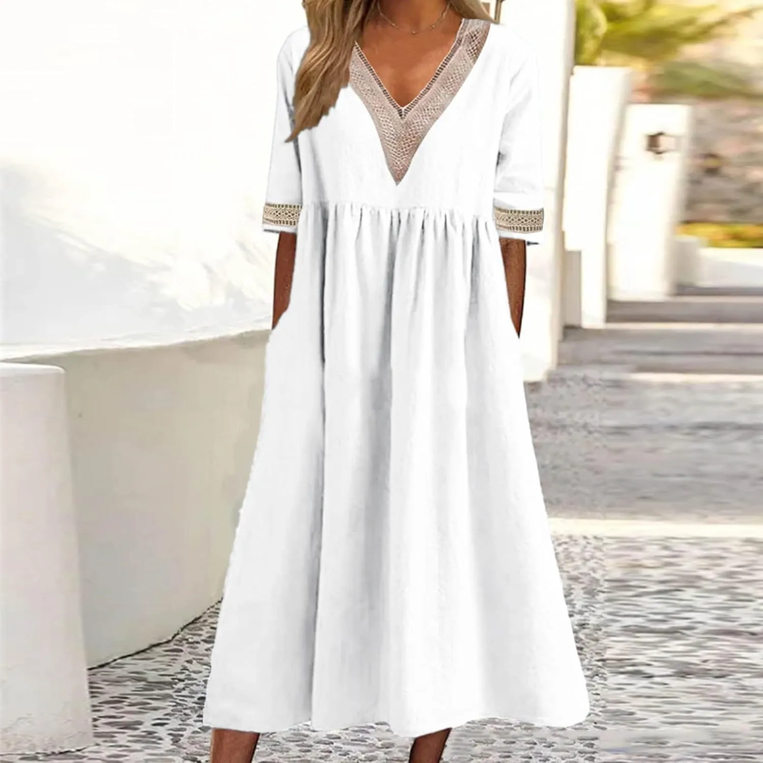 XUNRYAN 2025 Dresses Women Summer Casual Button Flowy Pleated Short Sleeve V-Neck Knee Length Midi Dress Beach Sundress