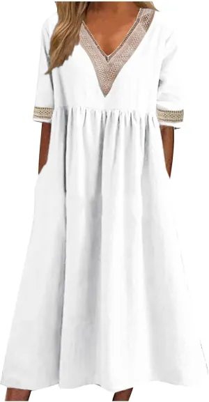 XUNRYAN 2025 Dresses Women Summer Casual Button Flowy Pleated Short Sleeve V-Neck Knee Length Midi Dress Beach Sundress