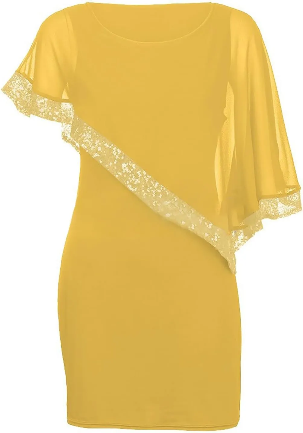 XUNRYAN Women's Sequin Mesh Cape Overlay Bodycon Knee Length Pencil Mini Dress Wedding Guests Formal Evening Party Ball Gown
