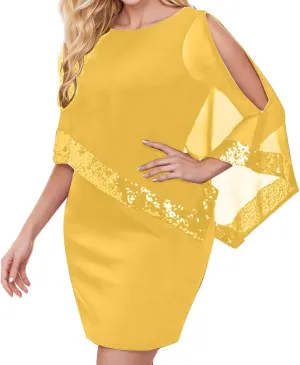 XUNRYAN Women's Sequin Mesh Cape Overlay Bodycon Knee Length Pencil Mini Dress Wedding Guests Formal Evening Party Ball Gown