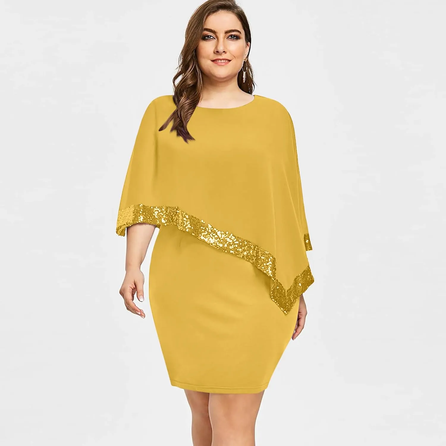 XUNRYAN Women's Sequin Mesh Cape Overlay Bodycon Knee Length Pencil Mini Dress Wedding Guests Formal Evening Party Ball Gown