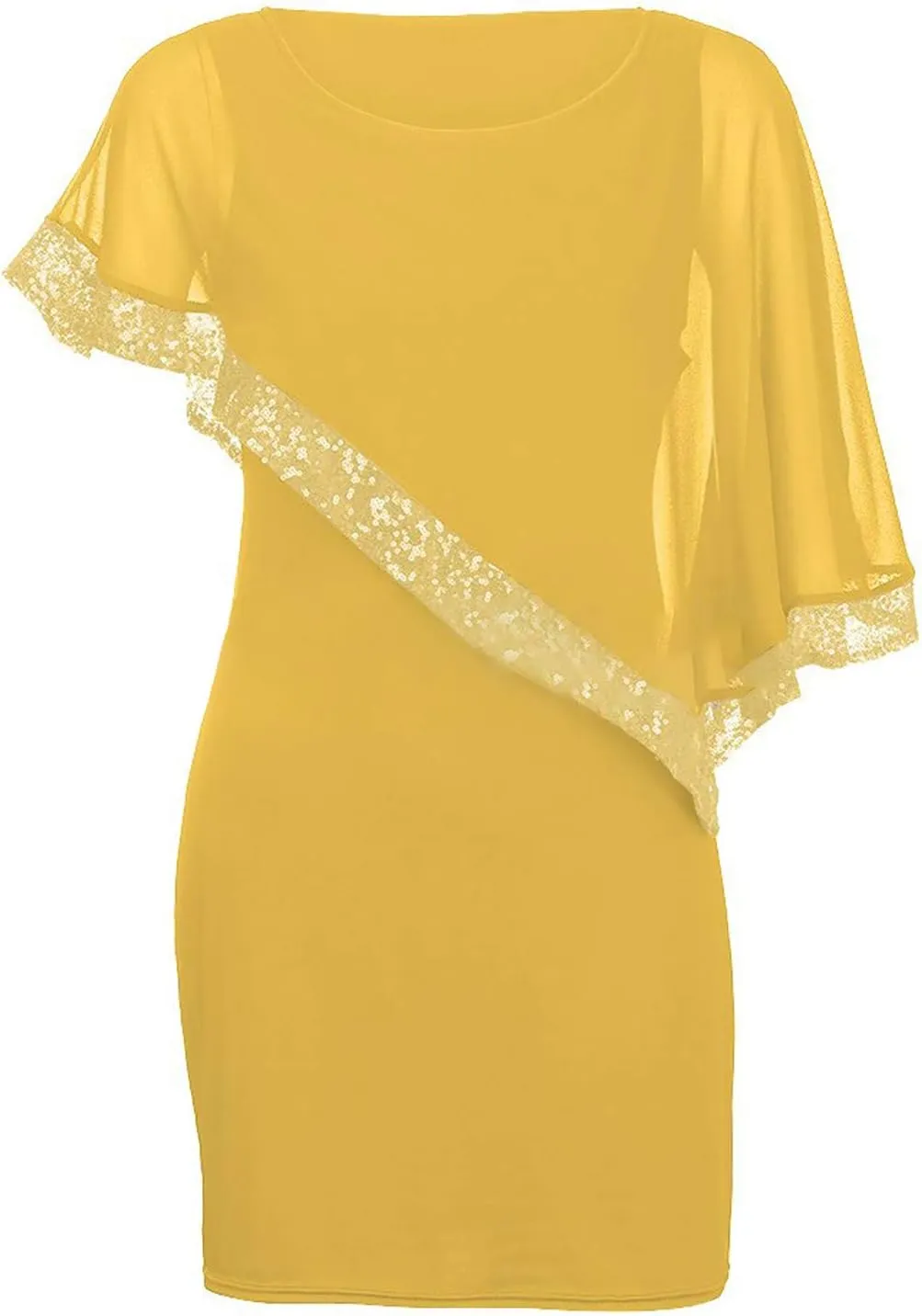 XUNRYAN Women's Sequin Mesh Cape Overlay Bodycon Knee Length Pencil Mini Dress Wedding Guests Formal Evening Party Ball Gown