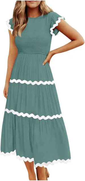 XUNRYAN Women's Summer Dresses Flutter Short Sleeve Smocked Midi Dress Casual Rickrack Tiered Flowy Sundress Vacation Outfit