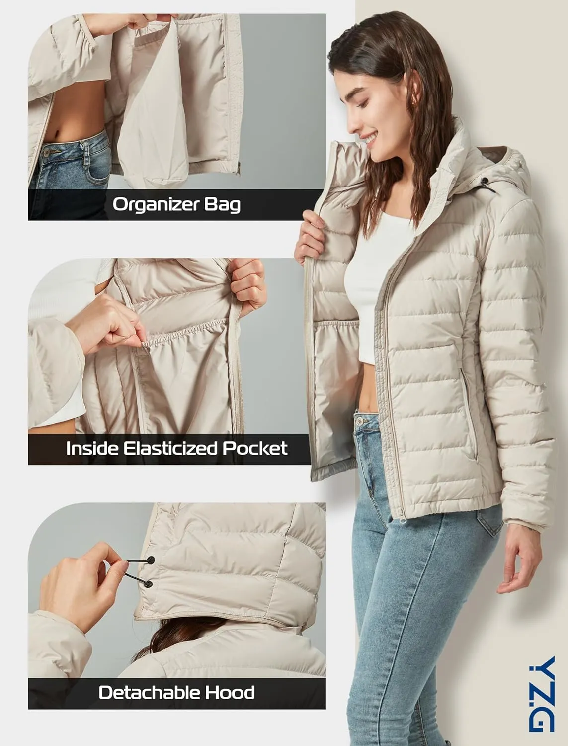 YZG Down Jacket for Women Lightweight Long Sleeve Quilted Puffer Coat with Detachable Hooded