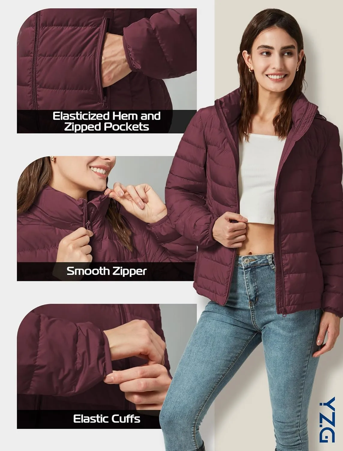 YZG Down Jacket for Women Lightweight Long Sleeve Quilted Puffer Coat with Detachable Hooded