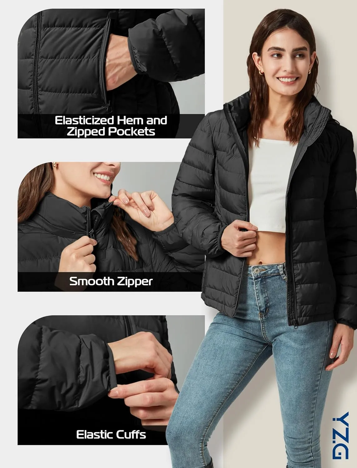 YZG Down Jacket for Women Lightweight Long Sleeve Quilted Puffer Coat with Detachable Hooded