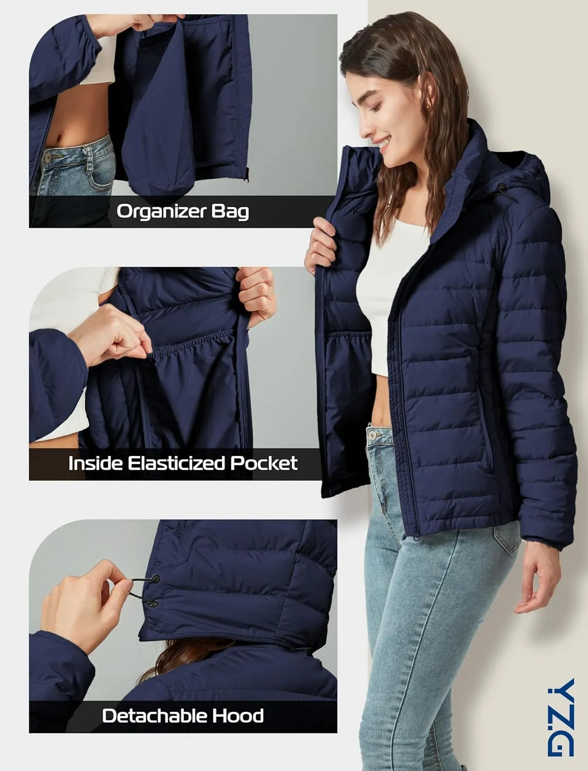 YZG Down Jacket for Women Lightweight Long Sleeve Quilted Puffer Coat with Detachable Hooded