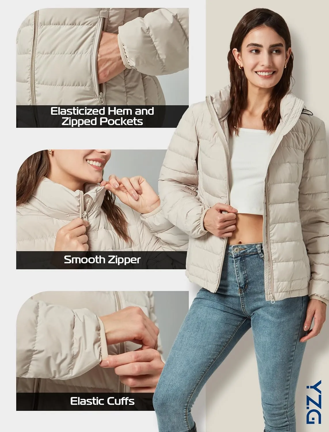 YZG Down Jacket for Women Lightweight Long Sleeve Quilted Puffer Coat with Detachable Hooded