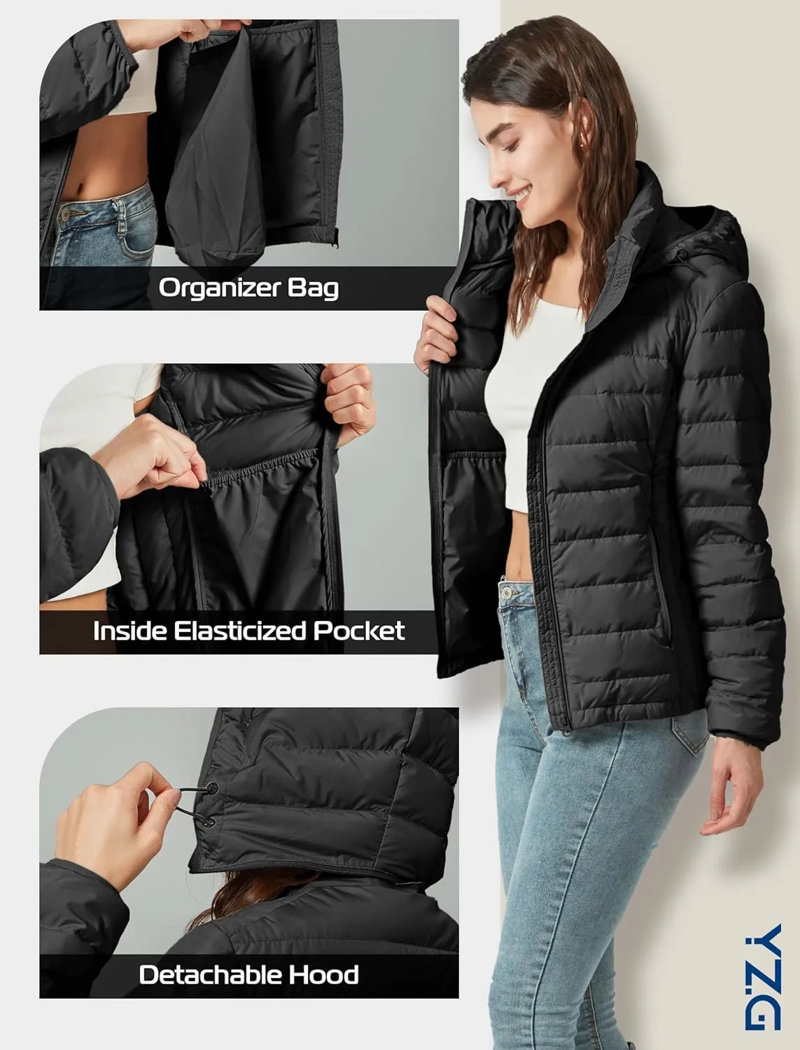YZG Down Jacket for Women Lightweight Long Sleeve Quilted Puffer Coat with Detachable Hooded
