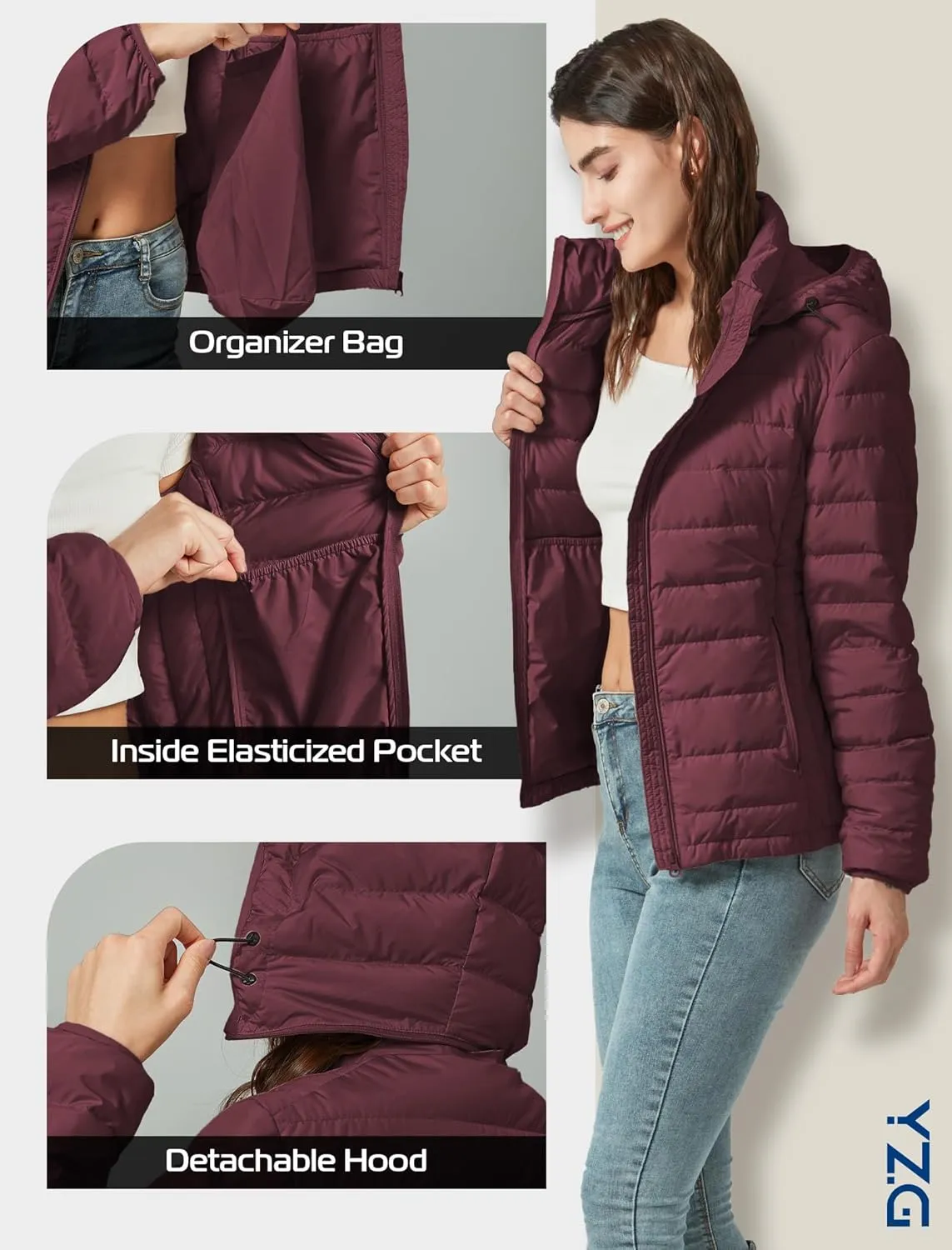 YZG Down Jacket for Women Lightweight Long Sleeve Quilted Puffer Coat with Detachable Hooded