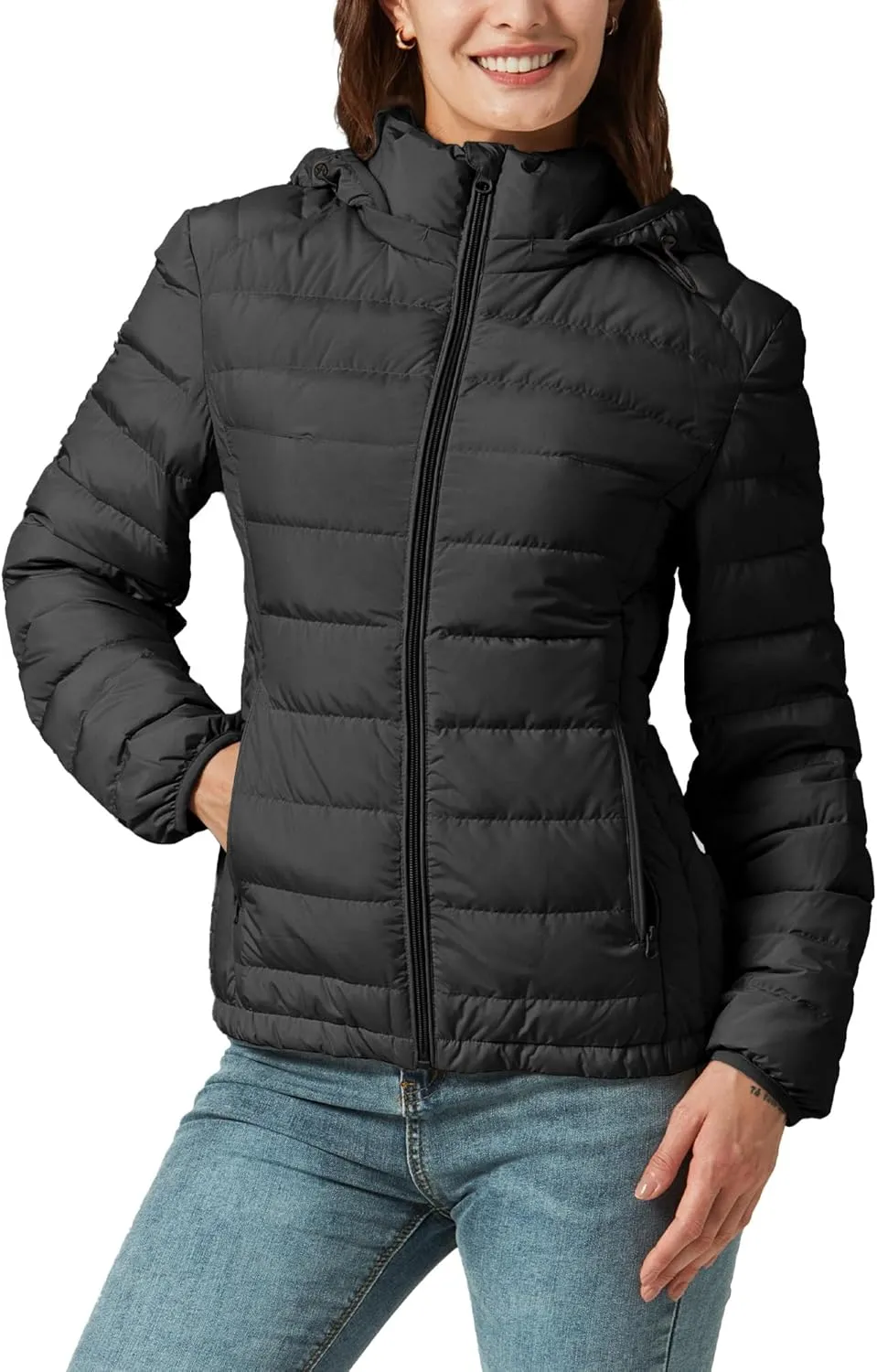 YZG Down Jacket for Women Lightweight Long Sleeve Quilted Puffer Coat with Detachable Hooded