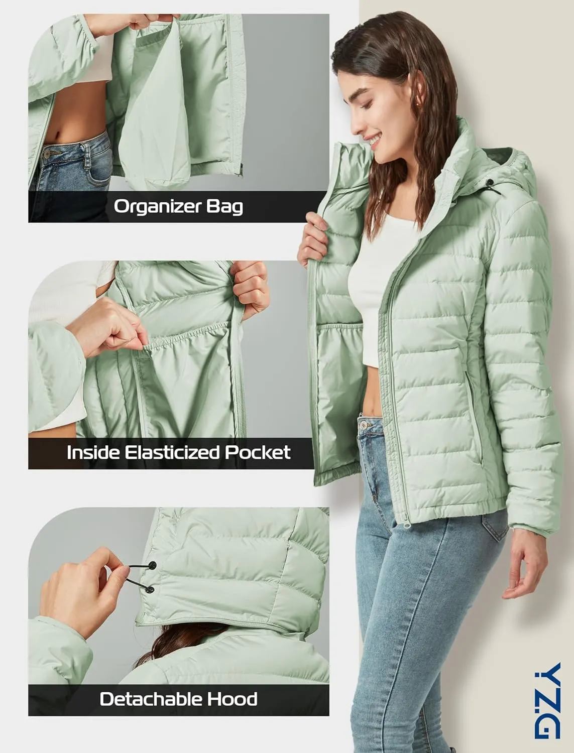 YZG Down Jacket for Women Lightweight Long Sleeve Quilted Puffer Coat with Detachable Hooded
