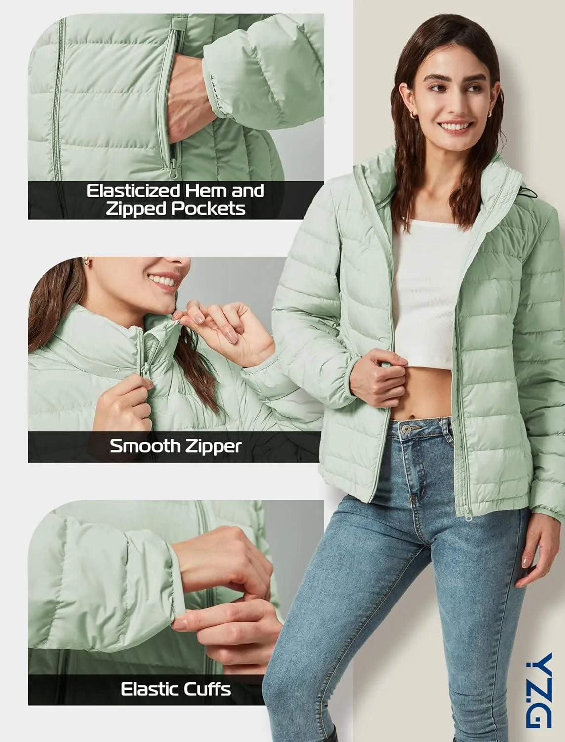 YZG Down Jacket for Women Lightweight Long Sleeve Quilted Puffer Coat with Detachable Hooded