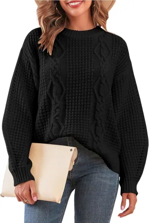 ZAFUL Womens Sweater Cable Knit Oversized Sweaters Crewneck Long Sleeves Casual Knit Pullover Tops