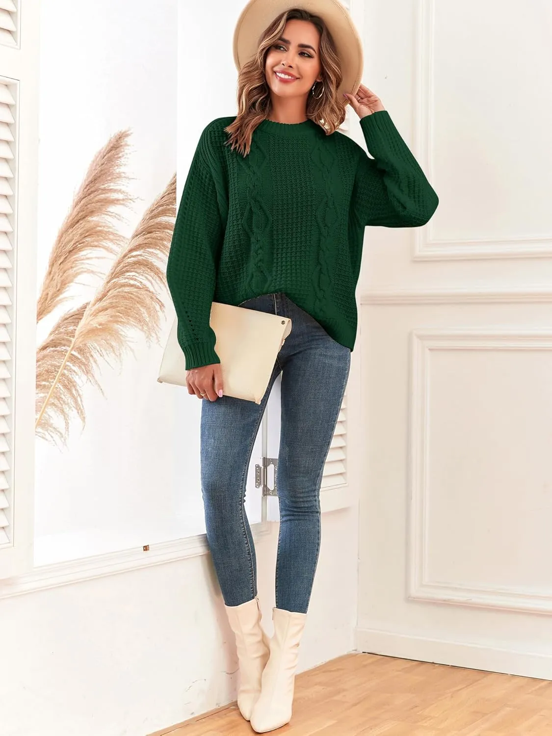 ZAFUL Womens Sweater Cable Knit Oversized Sweaters Crewneck Long Sleeves Casual Knit Pullover Tops