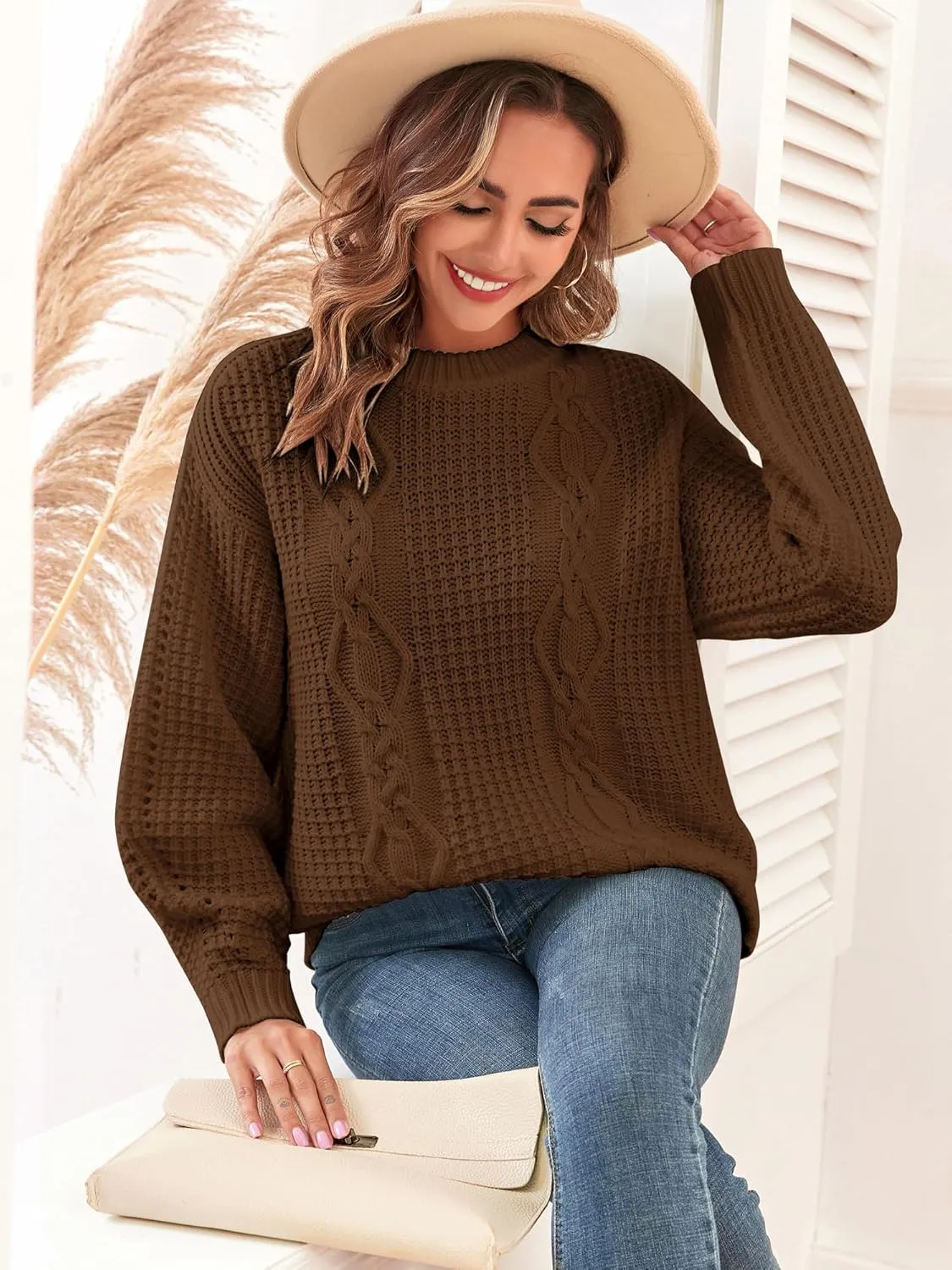 ZAFUL Womens Sweater Cable Knit Oversized Sweaters Crewneck Long Sleeves Casual Knit Pullover Tops