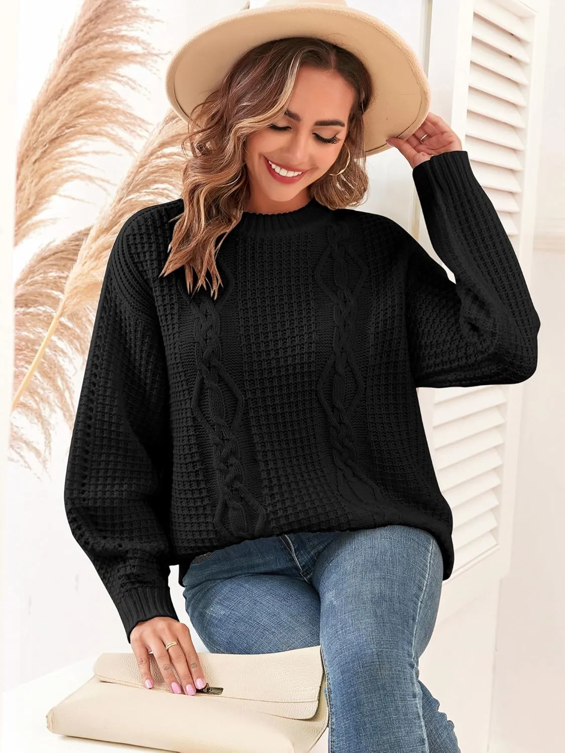 ZAFUL Womens Sweater Cable Knit Oversized Sweaters Crewneck Long Sleeves Casual Knit Pullover Tops