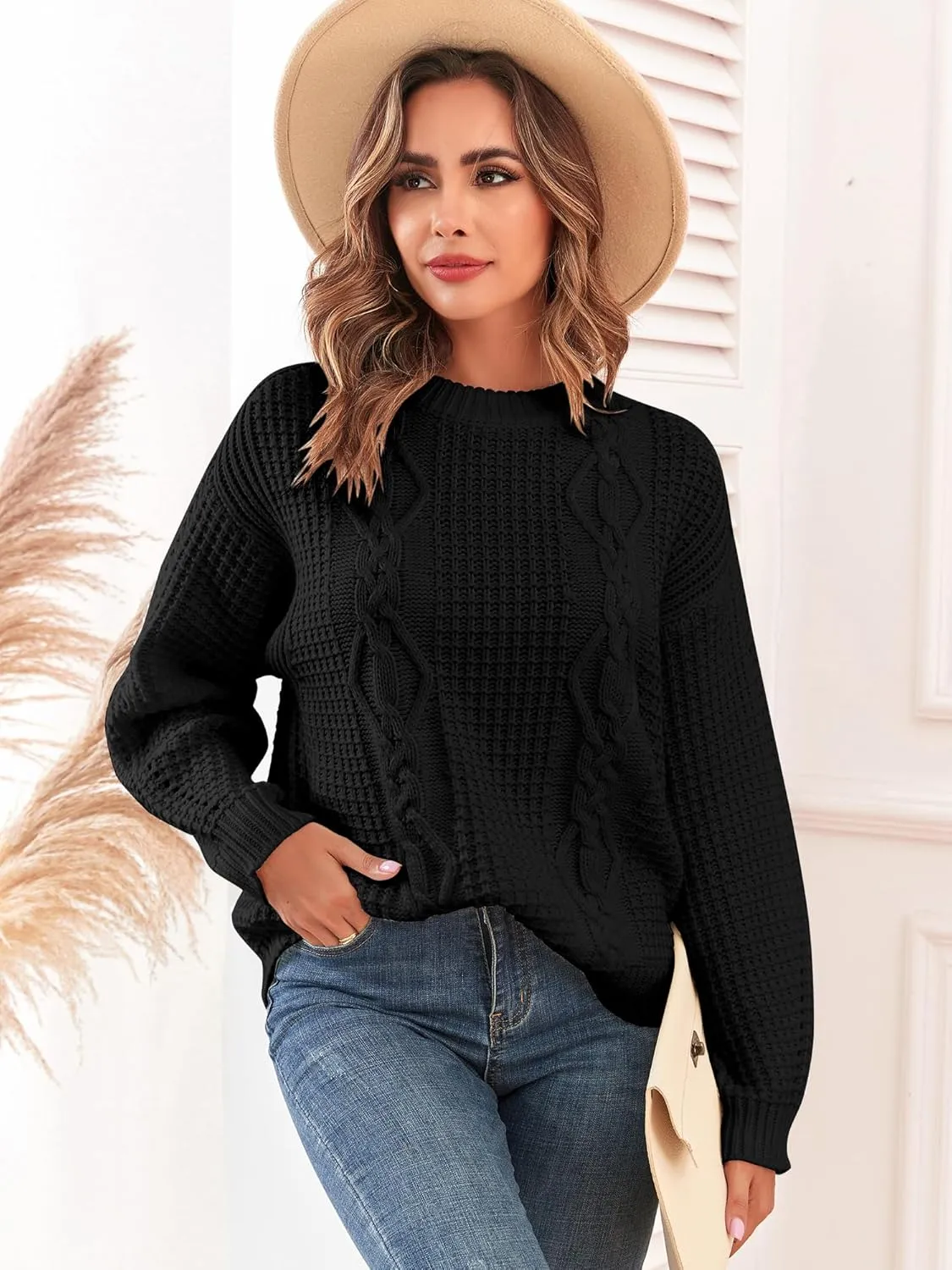 ZAFUL Womens Sweater Cable Knit Oversized Sweaters Crewneck Long Sleeves Casual Knit Pullover Tops