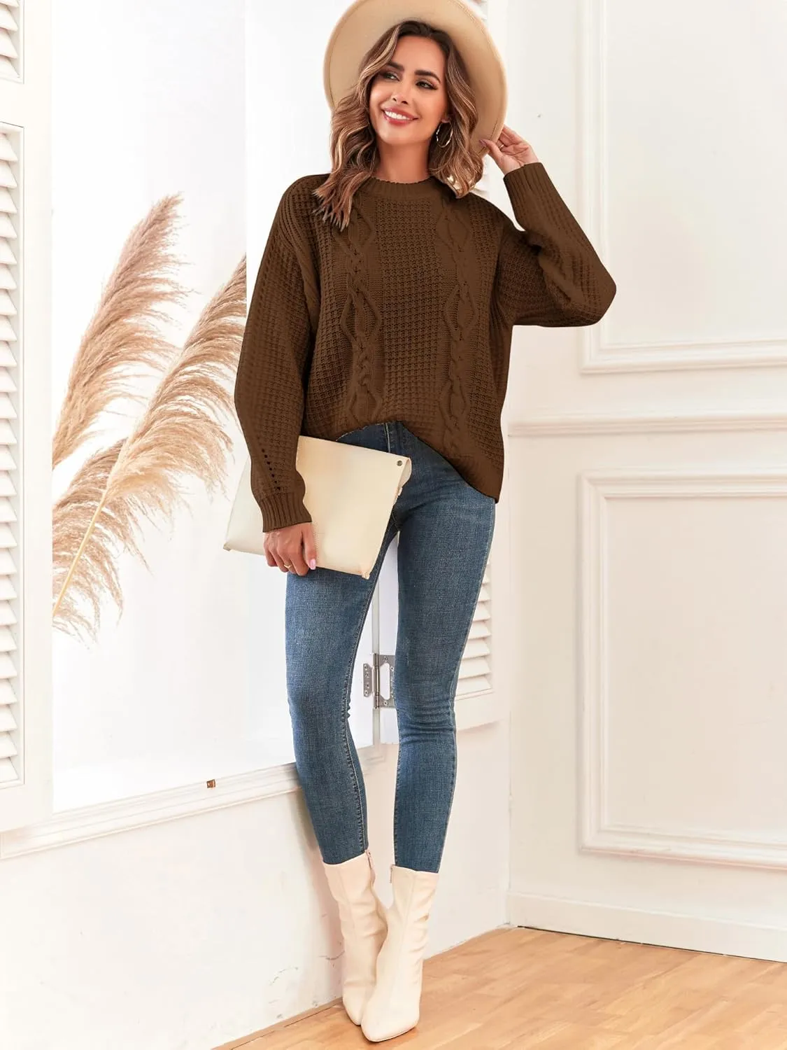 ZAFUL Womens Sweater Cable Knit Oversized Sweaters Crewneck Long Sleeves Casual Knit Pullover Tops