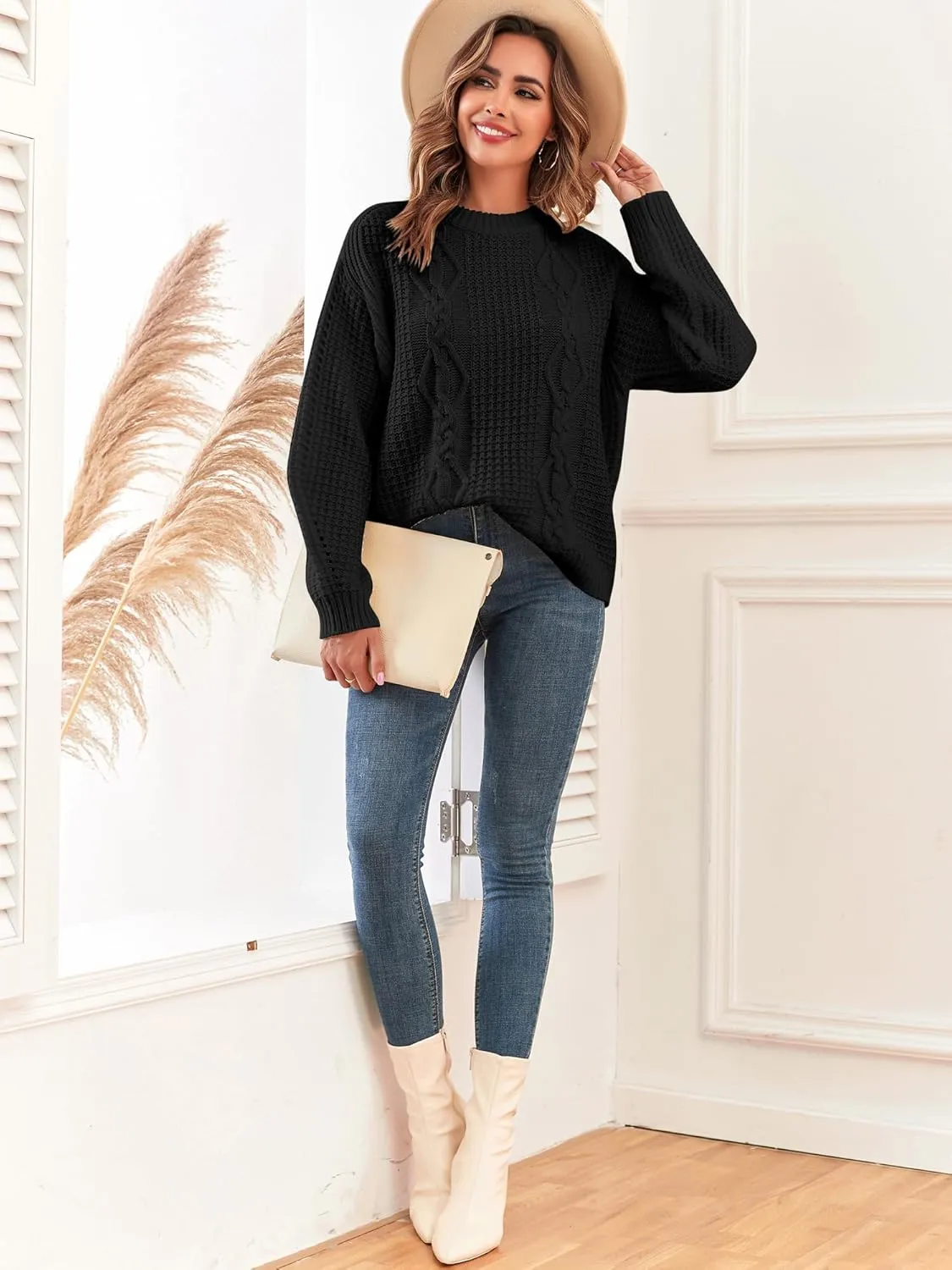 ZAFUL Womens Sweater Cable Knit Oversized Sweaters Crewneck Long Sleeves Casual Knit Pullover Tops