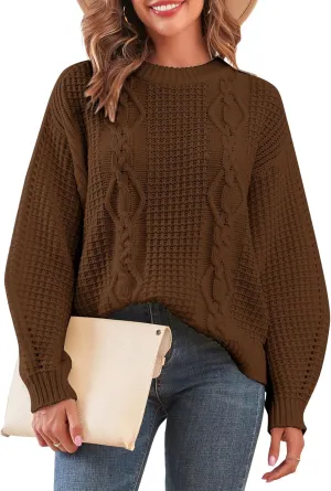 ZAFUL Womens Sweater Cable Knit Oversized Sweaters Crewneck Long Sleeves Casual Knit Pullover Tops