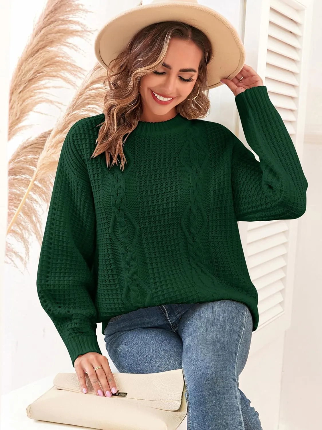 ZAFUL Womens Sweater Cable Knit Oversized Sweaters Crewneck Long Sleeves Casual Knit Pullover Tops