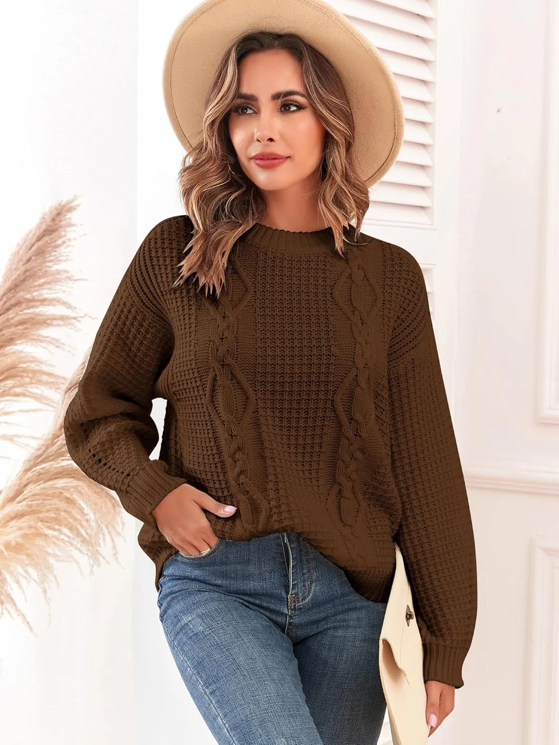 ZAFUL Womens Sweater Cable Knit Oversized Sweaters Crewneck Long Sleeves Casual Knit Pullover Tops
