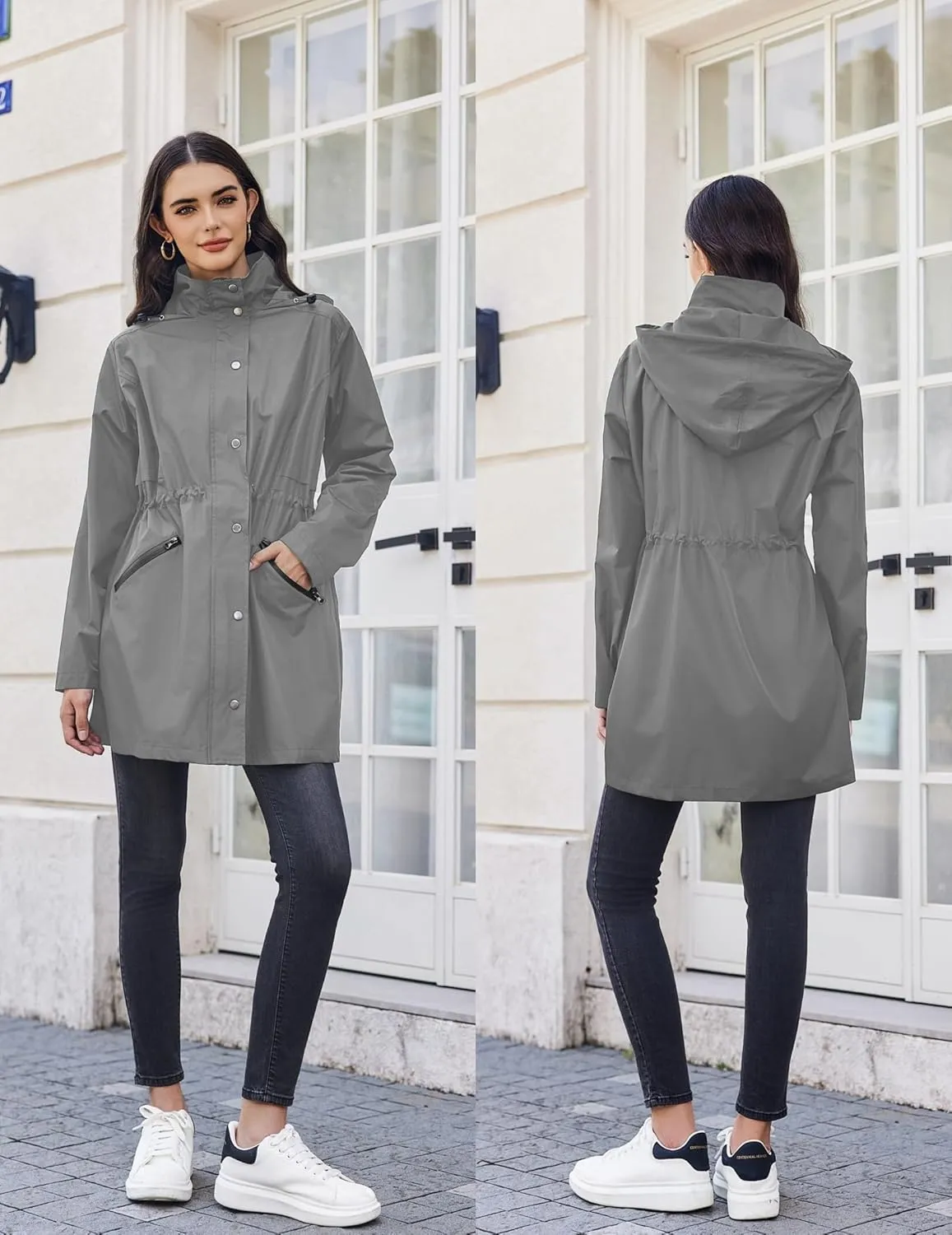 Zeagoo Raincoat Women Waterproof Long Hooded Rain Jacket Trench Coats Windbreaker Travel Jacket