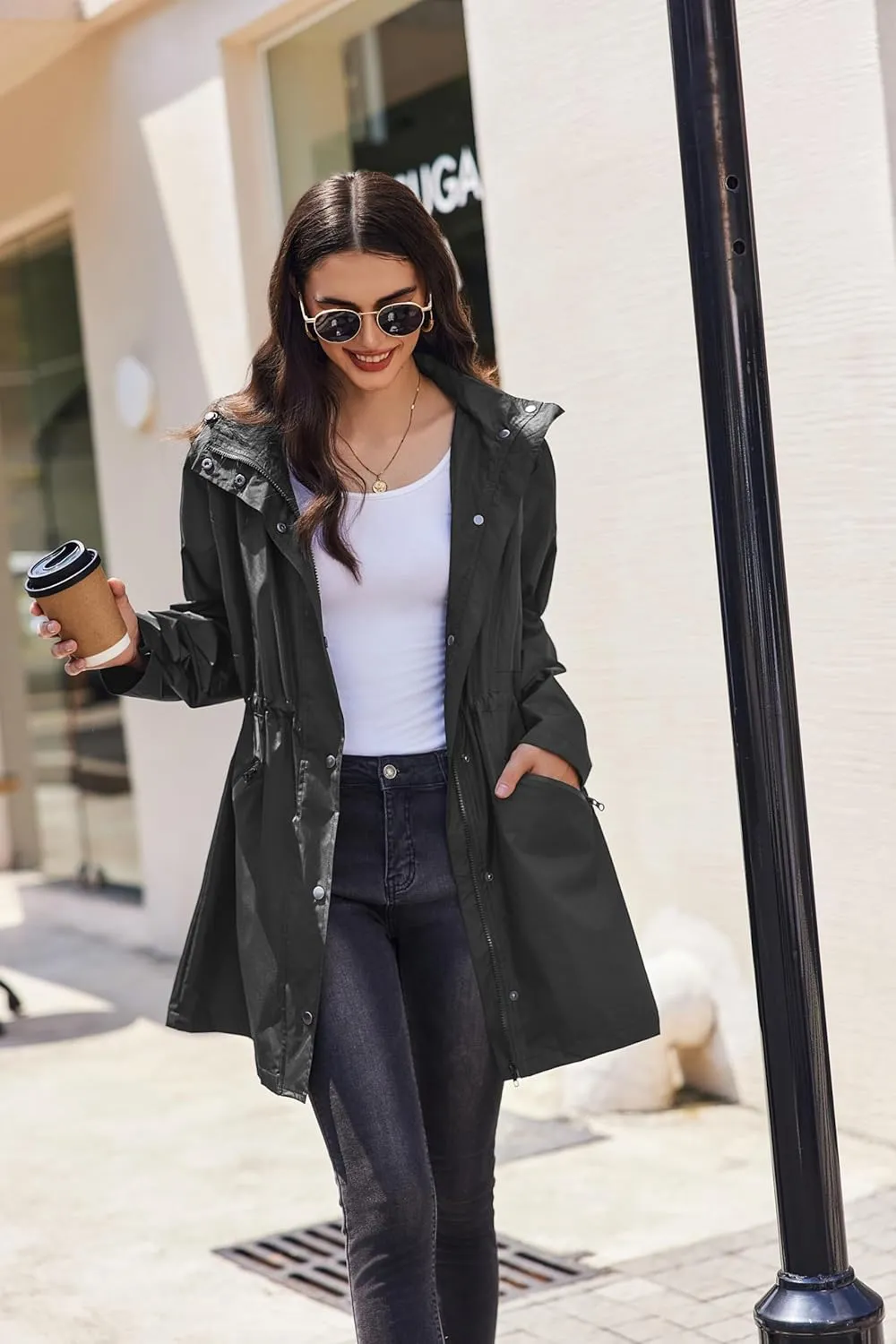 Zeagoo Raincoat Women Waterproof Long Hooded Rain Jacket Trench Coats Windbreaker Travel Jacket
