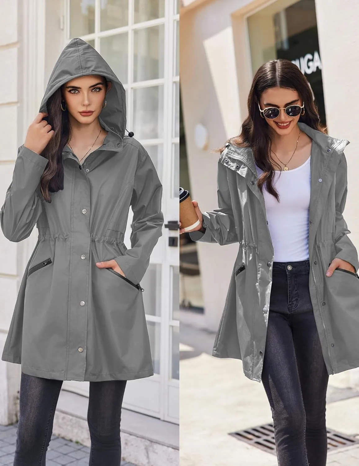 Zeagoo Raincoat Women Waterproof Long Hooded Rain Jacket Trench Coats Windbreaker Travel Jacket