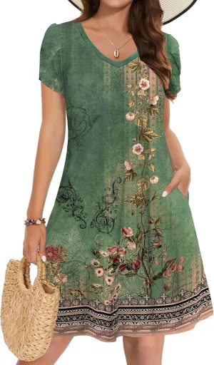 Zeagoo Womens Summer A-Line Dress with Pockets Mini Short Sleeve Dresses Flowy Beach Swing Dress 2025 Vacation Travel