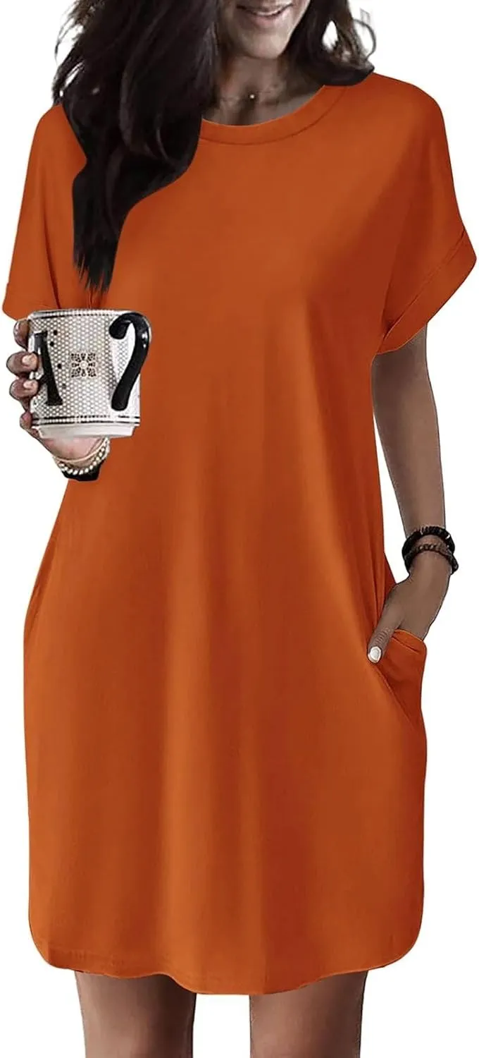 ZWRXW T Shirt Dresses for Women 2024 Summer Short Sleeve Tunic Dress Casual Flowy Swing Dress Baggy House Dress with Pockets