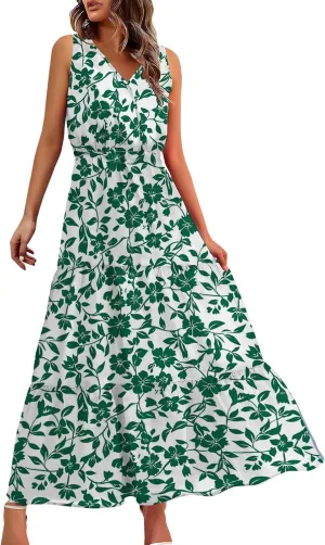 ZYXTIM Women's 2024 Summer Floral Boho Dress V Neck Elastic Waist Slim Fit Long Maxi Dress Beach Vacation Travel Guest Dress