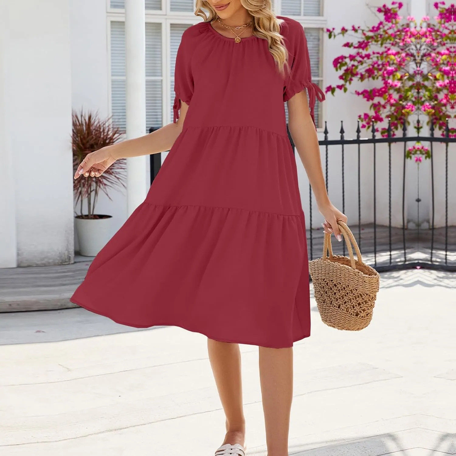 ZYXTIM Womens 2024 Summer Ruffle Short Sleeve Sundress Flowy Swing Dress Casual Loose Smocked Midi Dress Cute Sundress