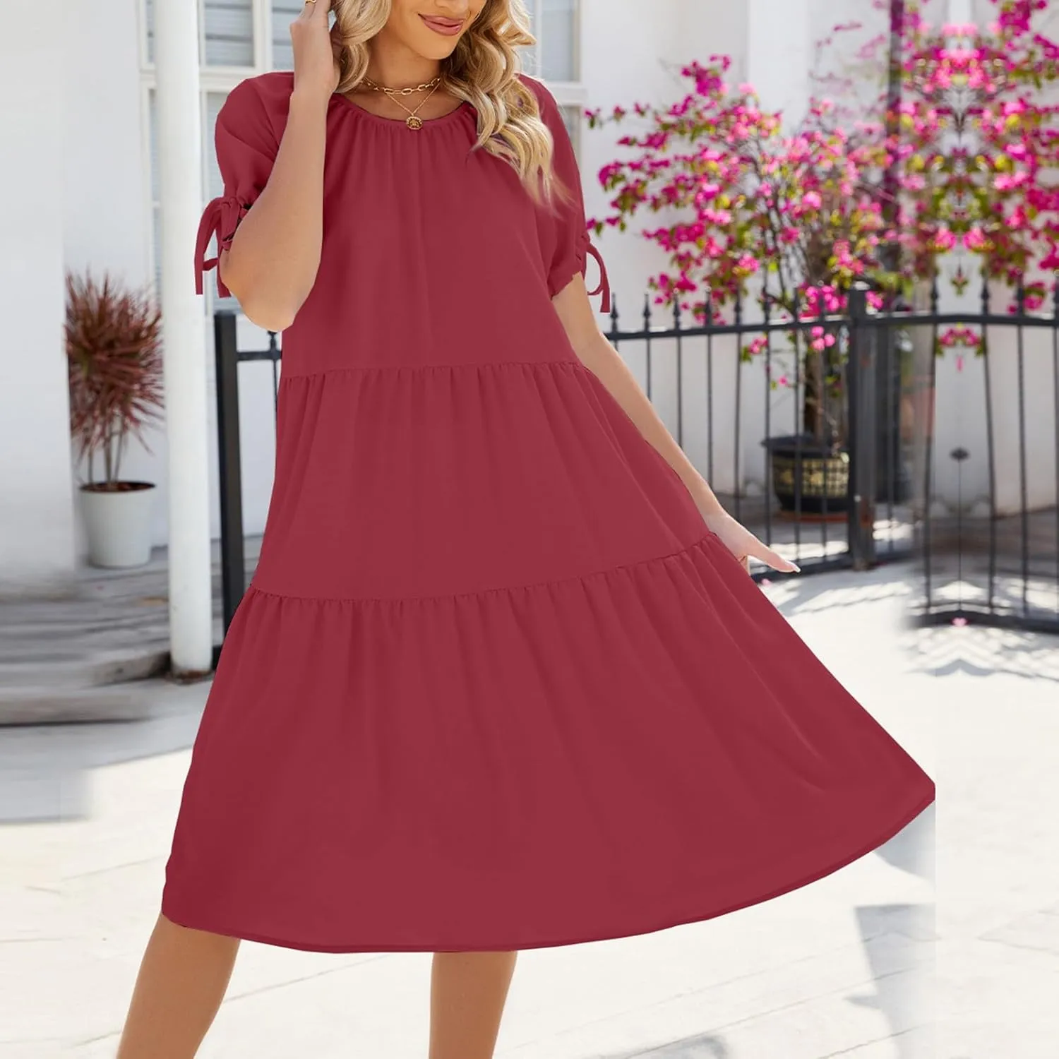 ZYXTIM Womens 2024 Summer Ruffle Short Sleeve Sundress Flowy Swing Dress Casual Loose Smocked Midi Dress Cute Sundress